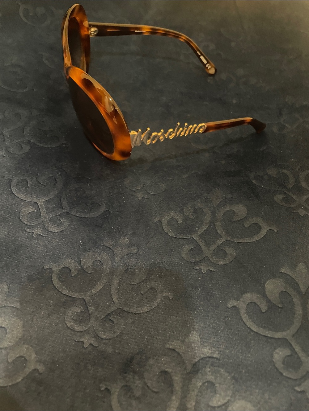 Moschino Tortoiseshell Round Sunglasses with Gold Script Temples